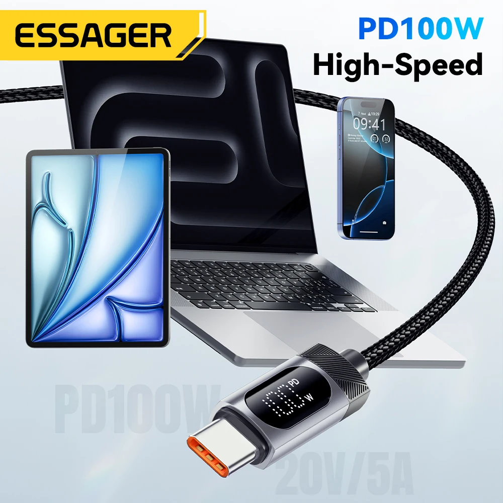 Cable Essager de 2m, 100W, tipo C a tipo C para iPhone 16, 15, Samsung, Huawei, PD, carga rápida para Macbook, iPad, Cable de pantalla Digital