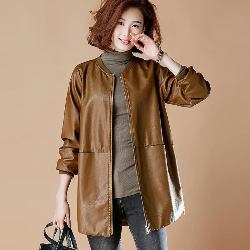 Mode Plus Größe Leder Jacke Frauen Zipper Windjacke High-end-Frühling Herbst Mäntel Baseball Jersey Langarm Trenchcoat