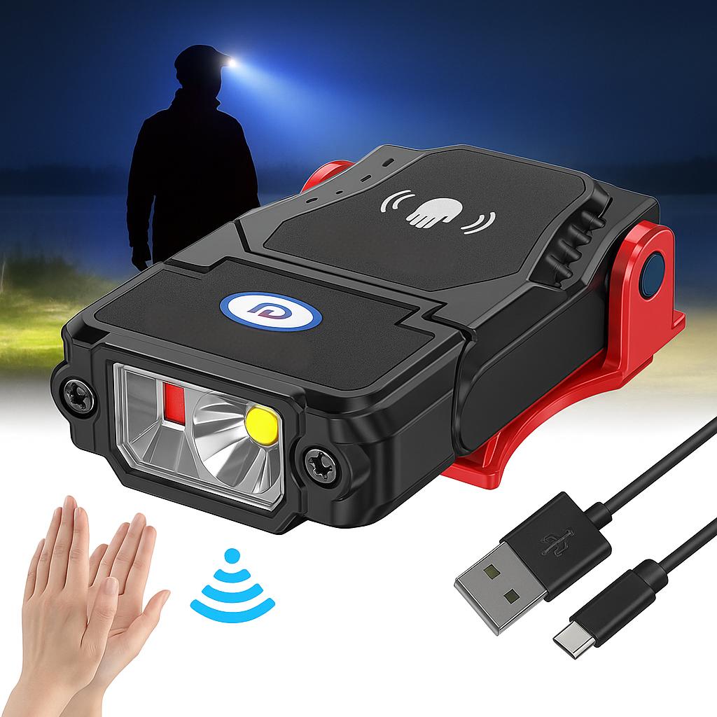 Mini LED Czujnik Czołówka Klips USB Akumulator Wodoodporna 90 °   Regulowana lampka bez użycia rąk do biwakowania, wędkowania, polowania i biegania.