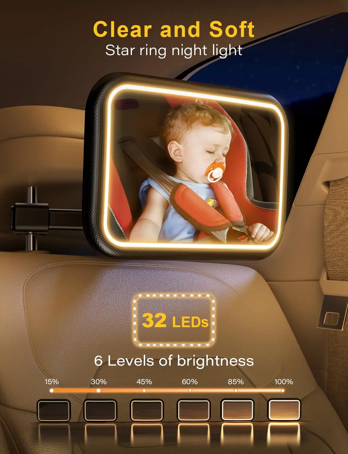 Espejo de coche para bebé con luz, espejo de bebé recargable para bebé de 2000 mAh para asiento de automóvil Diseño de clip de gancho trasero Espejo de asiento de automóvil a prueba de golpes Monitor para niños