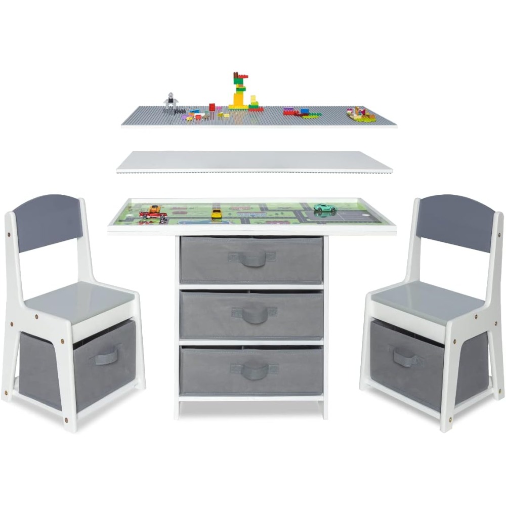 3-in-1 Wooden Play Table and Chair Set with Storage for Kids, Compatible with Lego and Duplo, Activity Table
