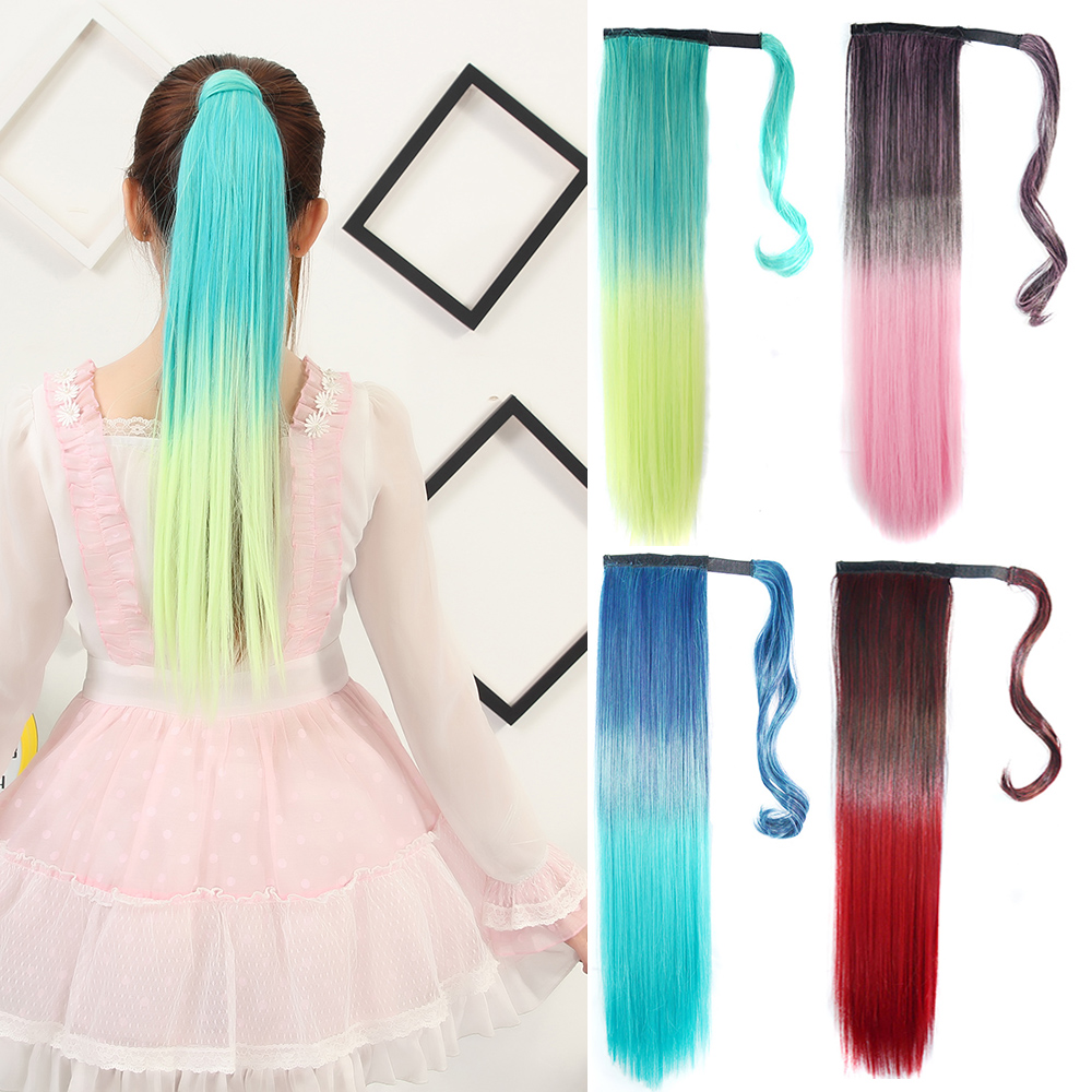 Zolin sintético rabo de cavalo extensão do cabelo ombre cor longo cabelo reto envoltório em torno de rabos de cavalo verde rosa azul roxo cauda de cabelo
