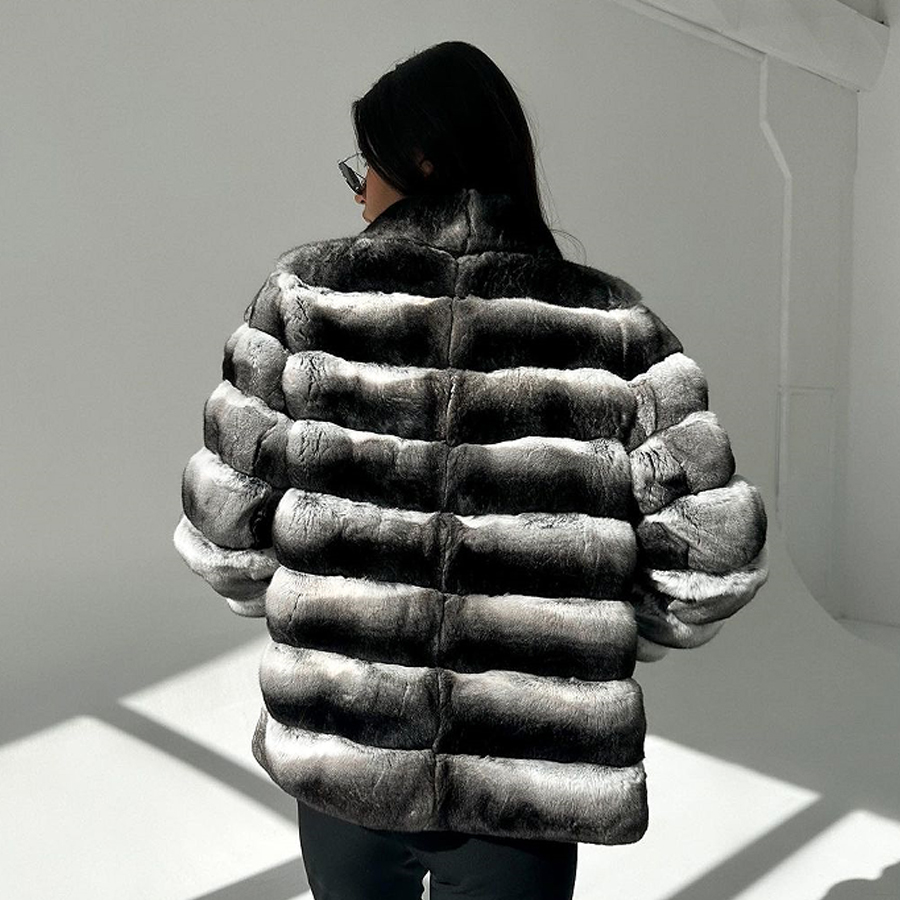 Chinchilla Fur Coats Real Rex Rabbit Fur Jacket With Stand Collar Short Fur Coat Women Warm Winter Outerwear