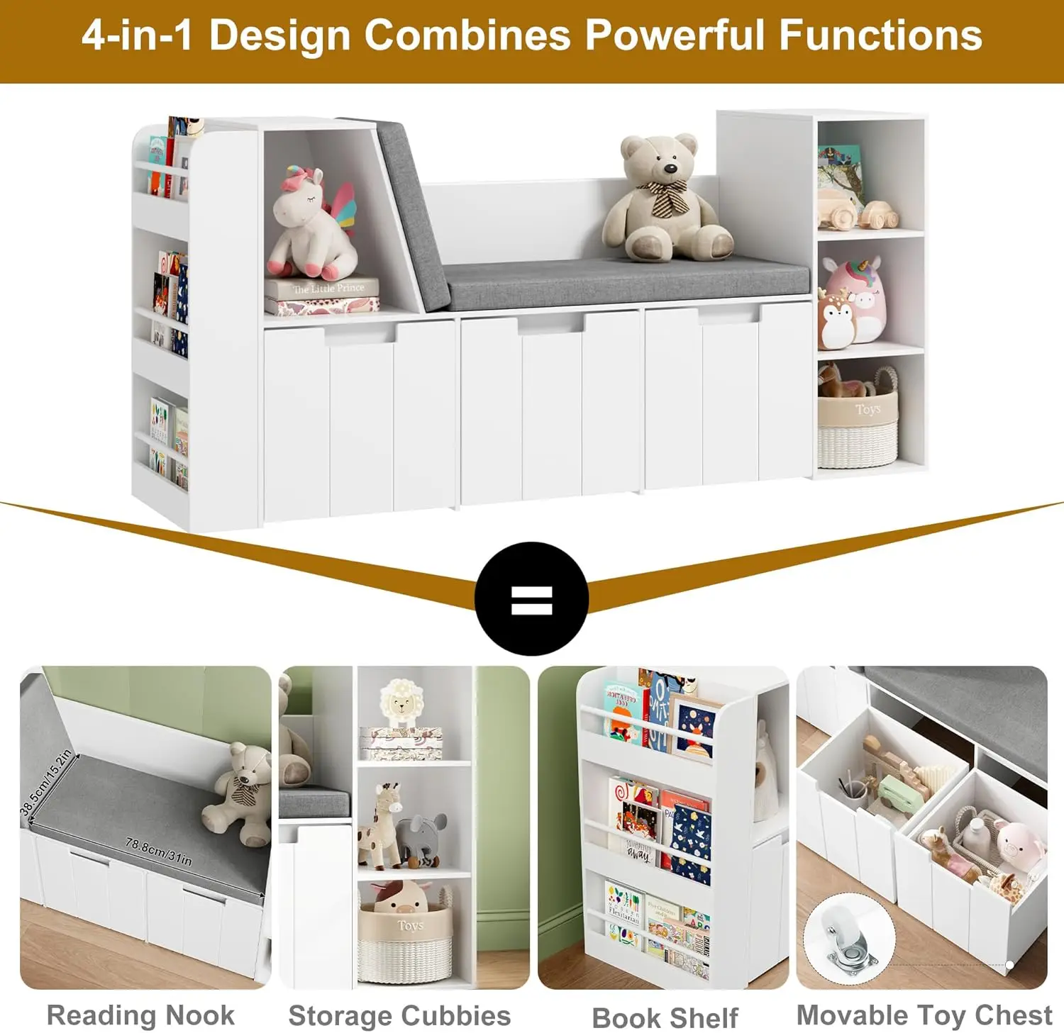 61.5" Kids Reading Nook with 3-Layer Bookshelf, Reading Nook for Kids with Double Bench and Rolling Drawers, Kids Bookshelf and