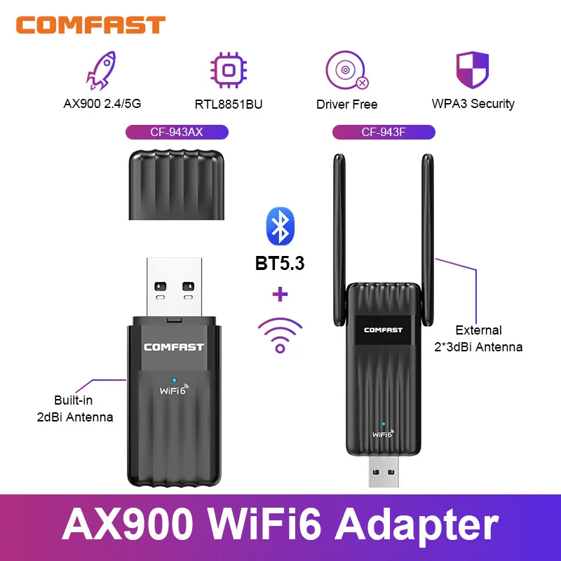 Адаптер Comfast AX900 WiFi6 BT5.3 2,4G и 5 ГГц 900 Мбит/с Wi-Fi адаптер Free-Drive USB WiFi Bluetooth Adaptador WiFi 6 USB Win 10/11