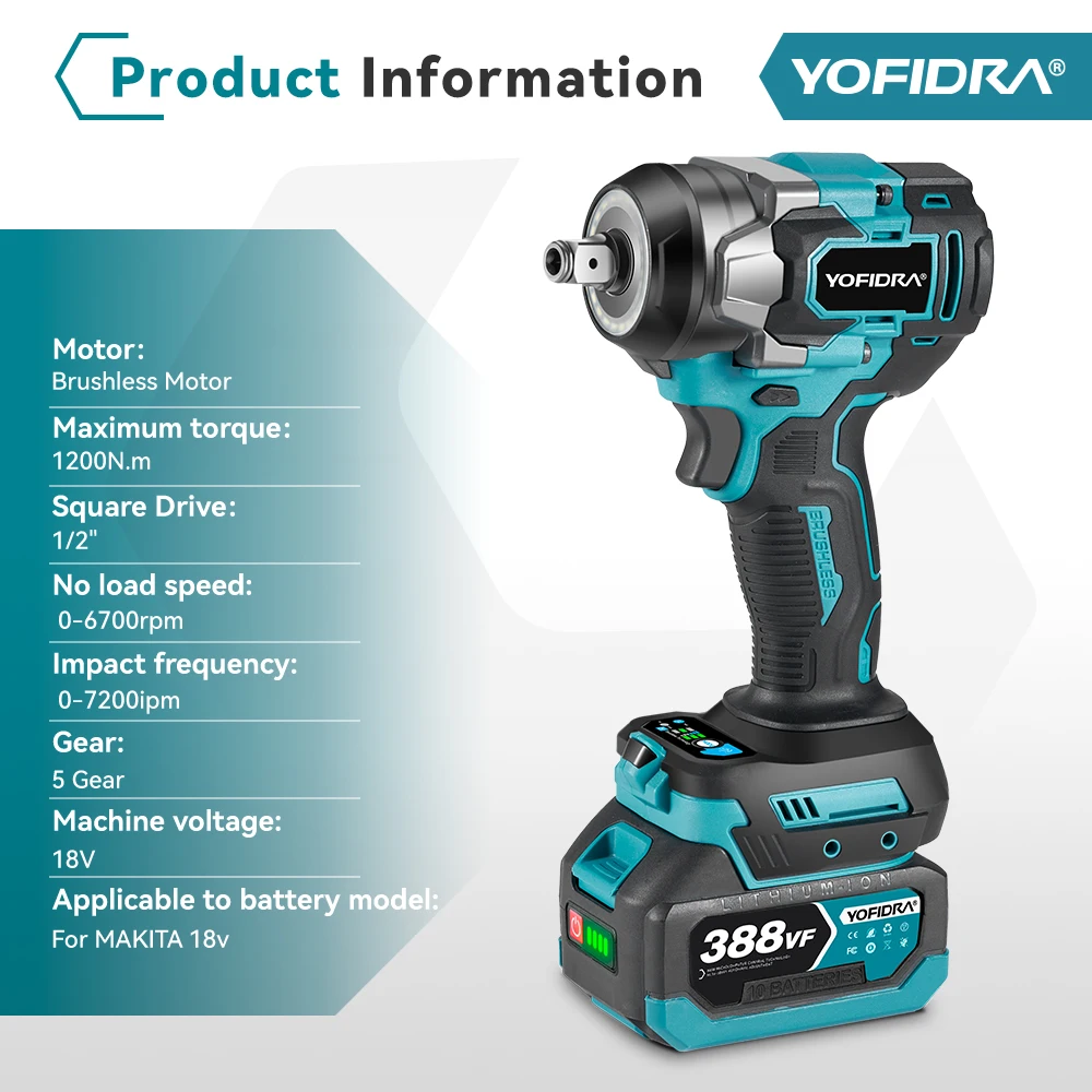 YOFIDRA 5 Marce 1200N.M Torque Brushless Chiave Elettrica Cordless Cacciavite Per Auto Utensili Elettrici Domestici Per Makita Batteria Spille