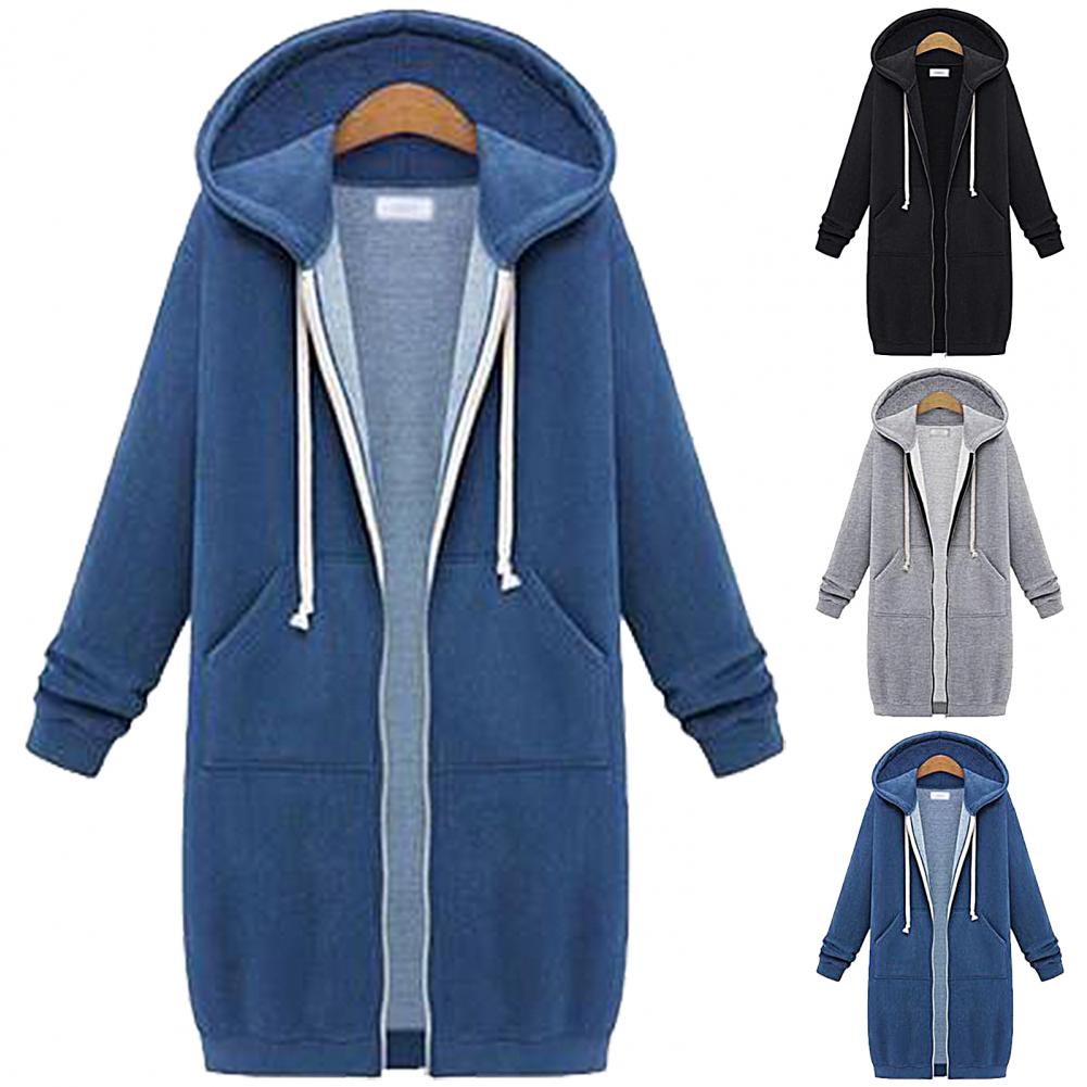 Einfarbige Jacke mit Seitentaschen, Kapuzenpullover, lange Ärmel, Reißverschluss, Kordelzug, Kapuzenpullover, Damenbekleidung