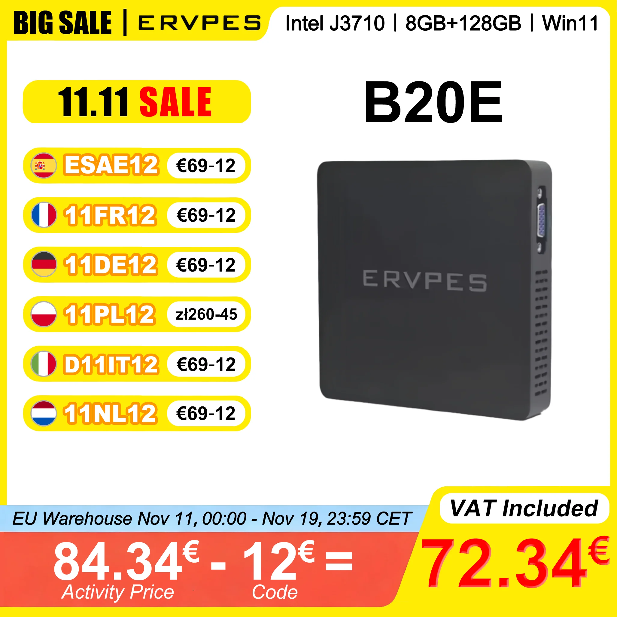 ERVPES Mini-PC B20E 8 GB RAM 128 GB SSD ROM J3710 Windows 11 BT5.2 Apollo Lake Desktop-Mikrocomputer Dualband HDMI Wi-Fi