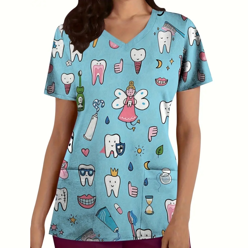 Uniforme clínico para mujer, estampado de dibujos animados de dientes, microelástico, cuello en V, Dental, Tops de manga corta a la moda, uniformes quirúrgicos