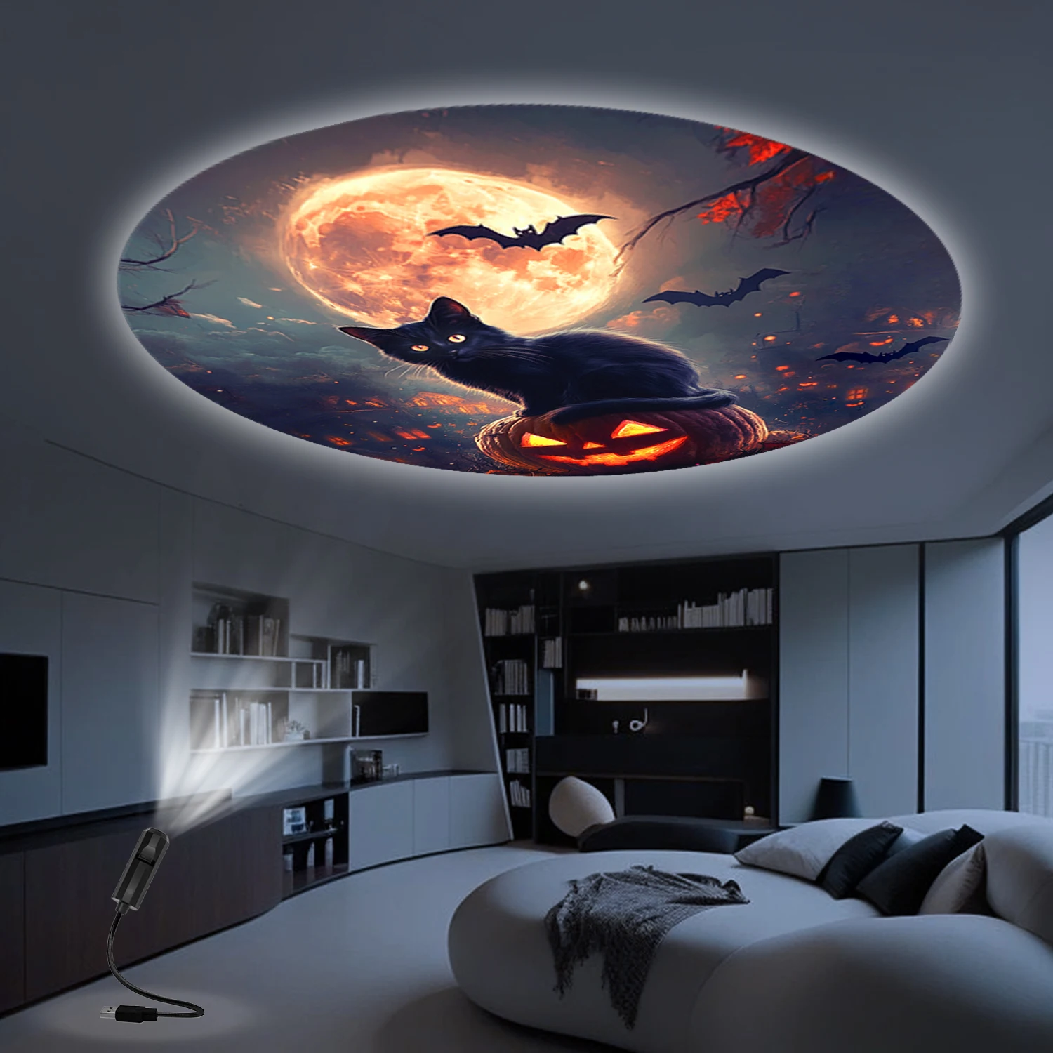 Lâmpada de projetor de luz Moon Black Cat, alimentada por USB, 360 °   giratório, perfeito para criar uma atmosfera de Halloween