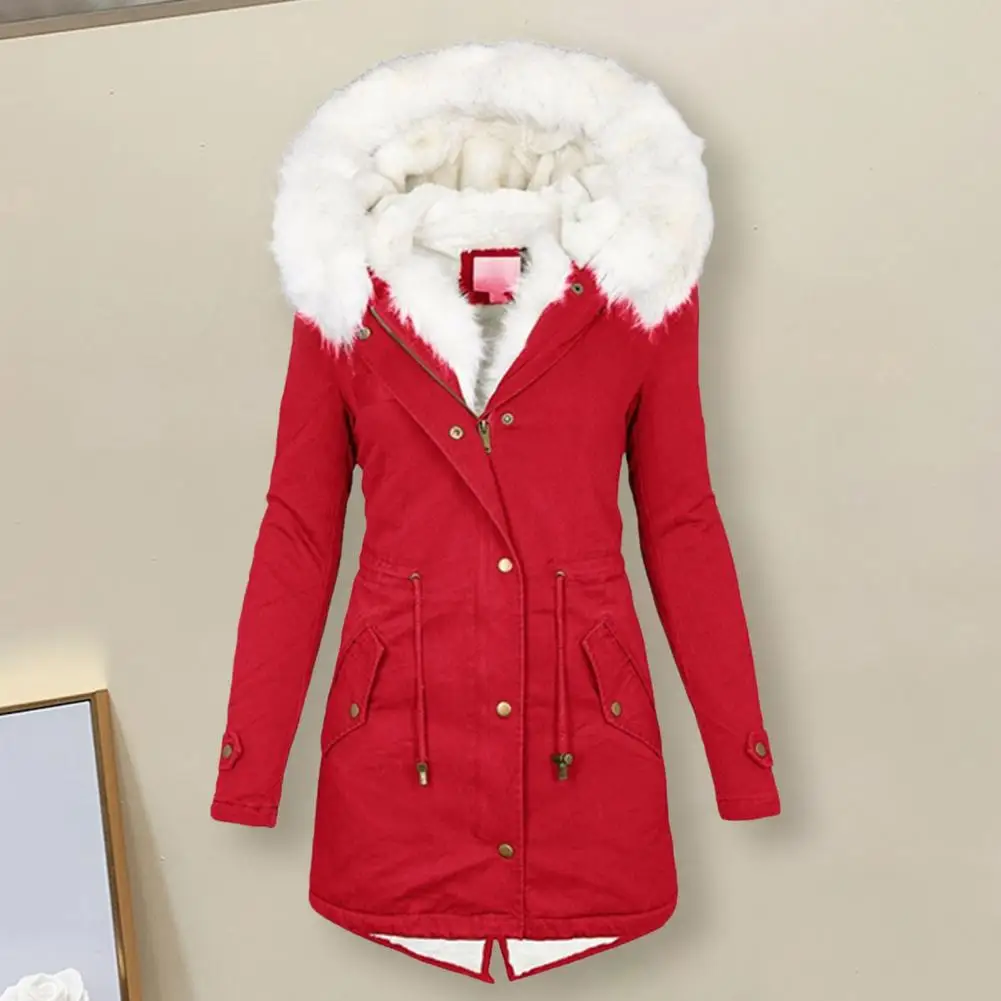 Abrigo clásico suave con cremallera y botones para mujer, abrigo ajustado con capucha de algodón acolchado de longitud media, chaqueta de invierno resistente al frío