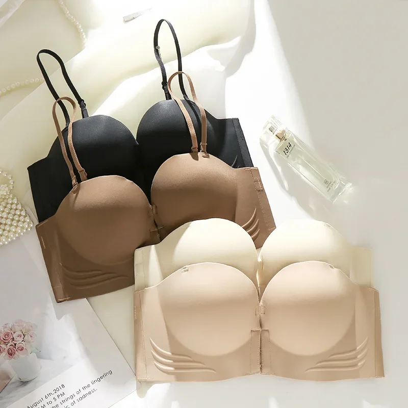 Finetoo nova roupa interior com fivela frontal conveniente anti flacidez sem alça de ombro sutiãs femininos sem anel de aço sem costura