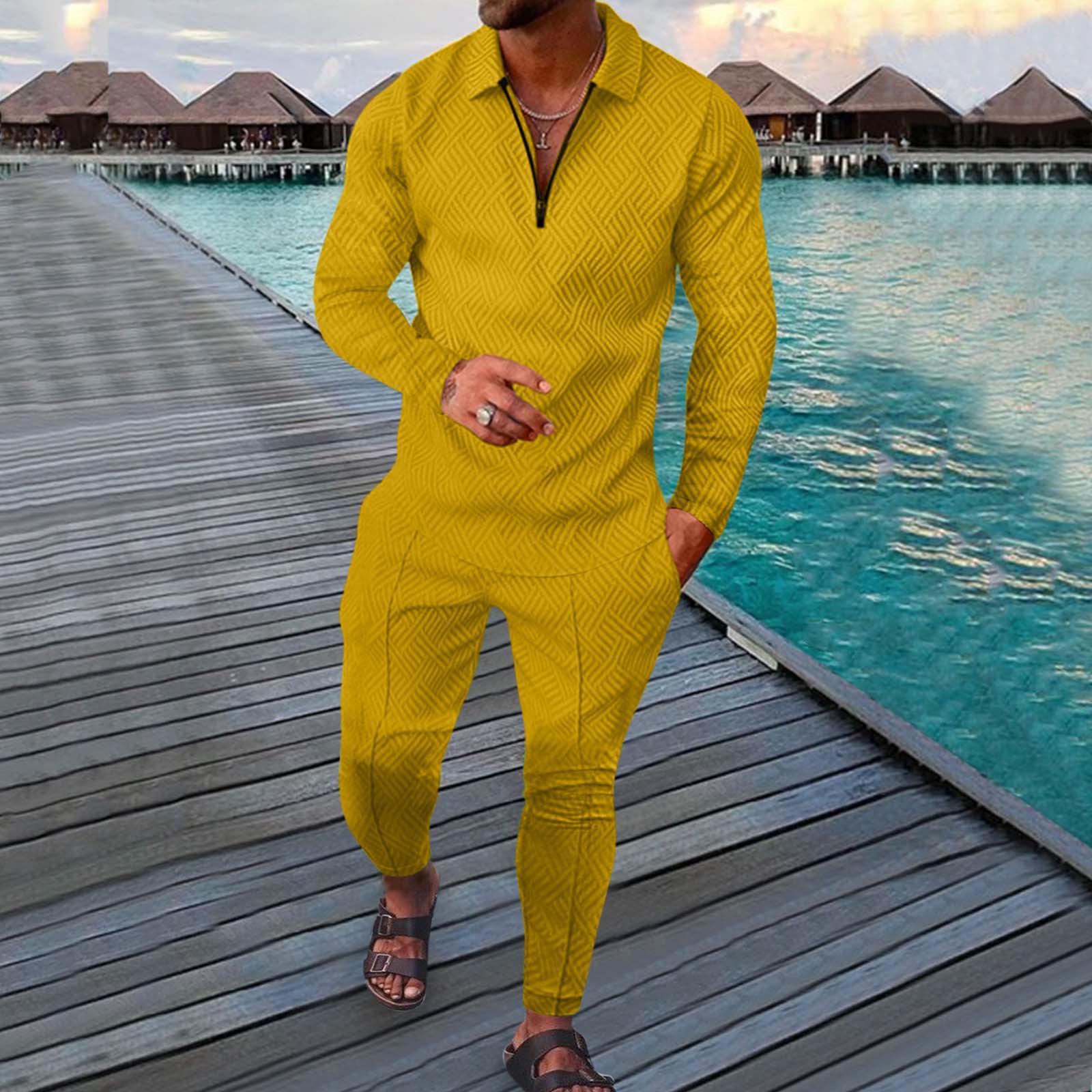 Nueva tendencia de moda para hombres, camiseta con solapa de color sólido, jersey con cremallera, cómodo, informal, ajustado, manga larga + Pantalones deportivos de dos piezas