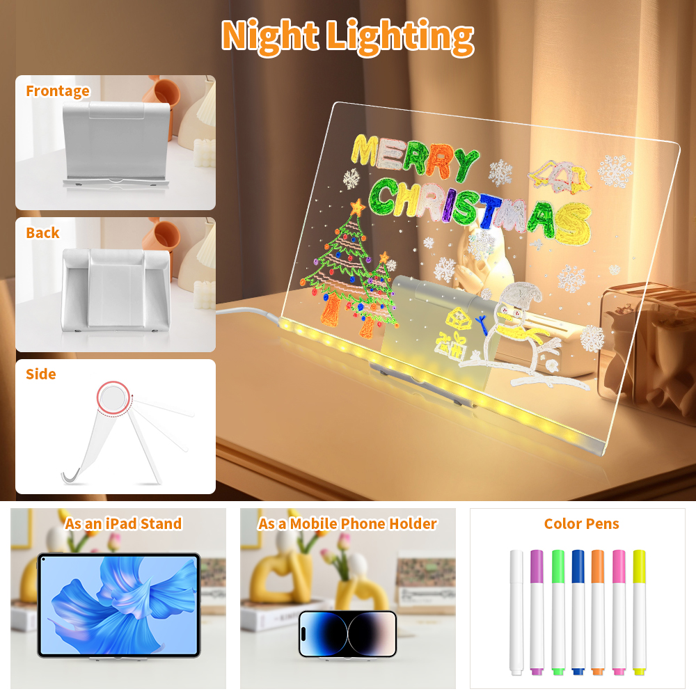 LED Note Board With Night Light Colorful 7 Pens DIY Acrylic Message Board Children‘s Drawing Board For Kids Birthday Gift