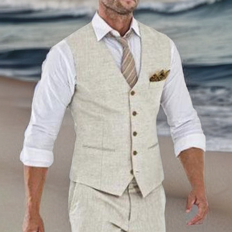 Colete de terno de linho bege para homens casamento verão praia colete de uma peça com decote em v custo de moda masculina