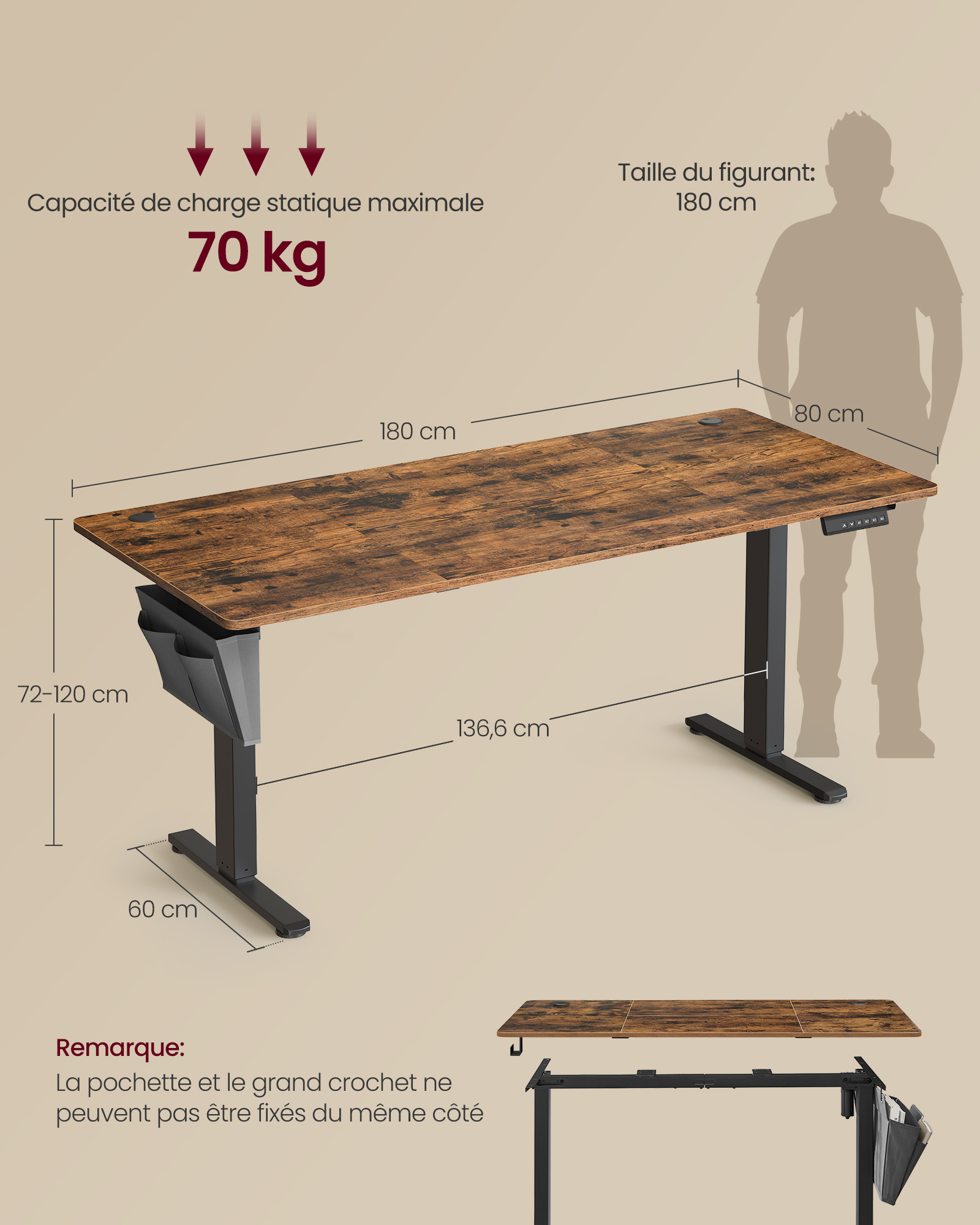 Bureau Électrique Réglable en Hauteur, 180 x 80 cm, Table Assis-debout, Fonction Mémoire 4 Hauteurs, pour Bureau, Télétravail