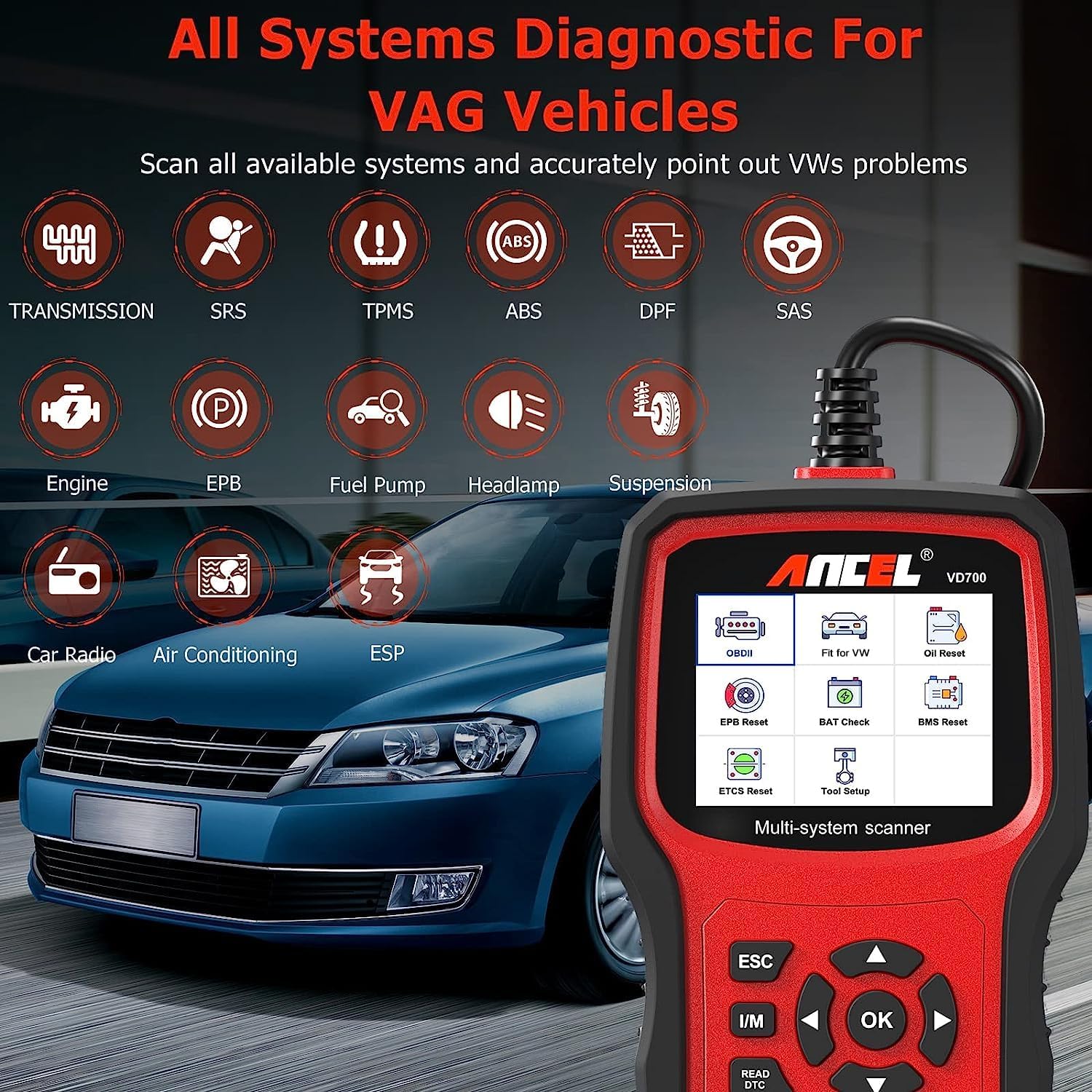 Ancel VD700 Auto Diagnostische Hulpmiddelen OBD2 Scanner Volledige Systeem Code Reader ABS EPB TPMS DPF OBD2 Code Reader voor VAG VW Audi Skoda