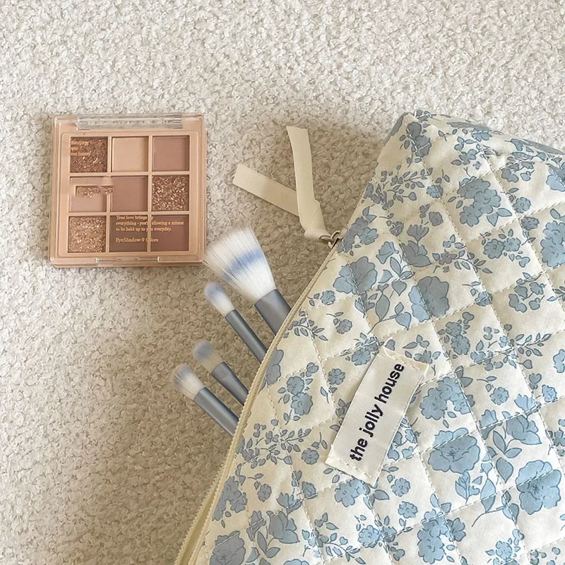 1 pz cotone fiore blu borsa per cosmetici da donna borse portaoggetti in tessuto piccola custodia per organizer da viaggio di grande capacità custodia per trucco da donna