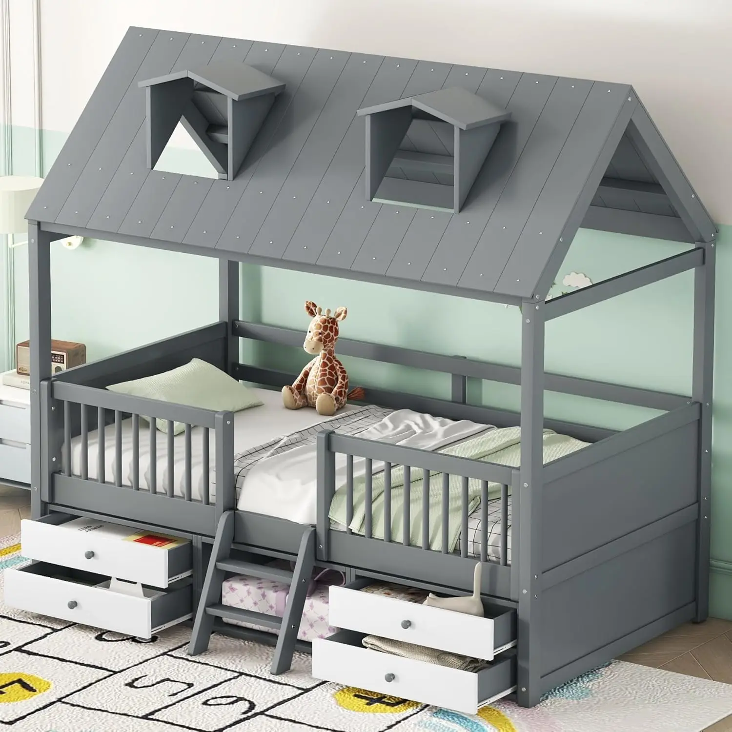 Twin Size Wood House Bed Frame with Full-Length Fence and 4 Storage Drawers, Kids Playhouse Tent Bed with Roof and 2-step