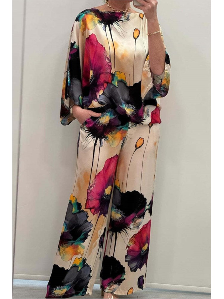 女性のためのカジュアルセット 2 個夏のファッションプリントサテンツーピースセット女性のセクシーなラウンドネックトップ + ワイドレッグロングパンツ衣装