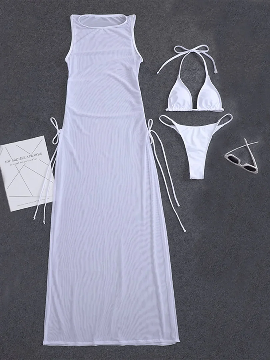 Bikini string avec robe pour femme, maillot de bain femme, maillot de bain monochrome, vêtements de plage, natation trempée, été, 3 pièces, 2024