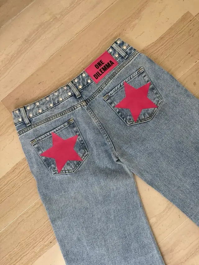 Spodnie jeansowe z szerokimi nogawkami, luźne, z wzorem gwiazd, styl Harajuku, streetwear, wysoki stan, proste nogawki, odzież damska Y2k
