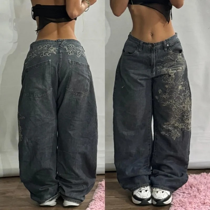 ストリート新ヴィンテージレタープリント洗浄だぶだぶのジーンズ女性 Y2K 原宿ヒップホップ人気のゴシックハイウエストワイドレッグパンツ