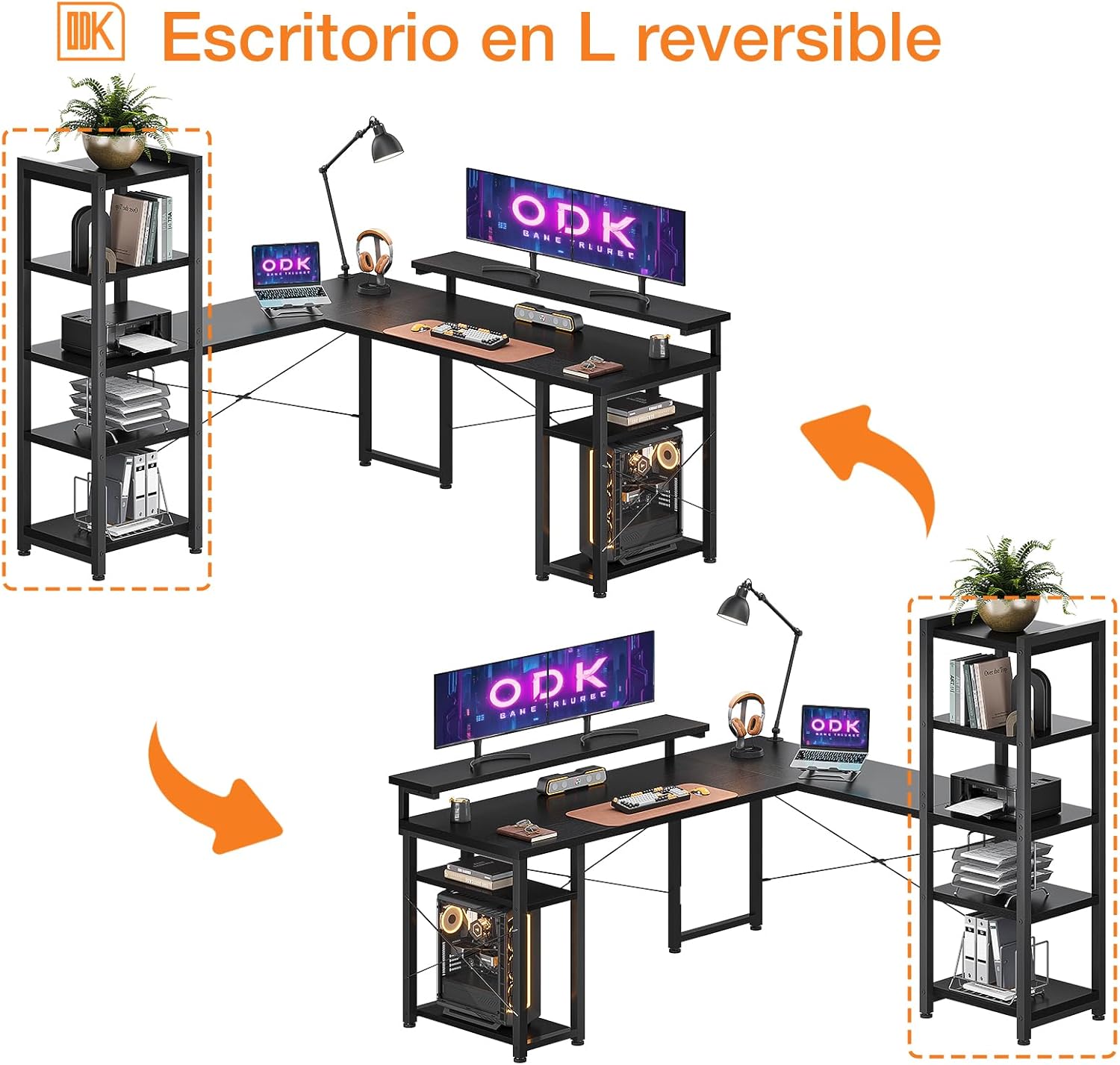 Réductions à durée limitée--ODK Bureau avec Étagère, Bureau en L avec Support de Moniteur Long, Noir 155×140cm