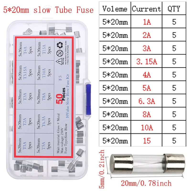 5x20 5x25 6x30 3.6x10 มม.ช้า Fast Blow แก้วเซรามิคฟิวส์สายไฟผสมชุด 0.1A0.2A0.5A1A2A3.15A4A5A6.3A8A10A15A16A20A30A