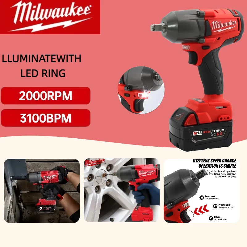 Milwaukee 1300NM Cordless Electric Wrench Large Torque Brushless Impact Wrench Car Truck Repair Power Tools 18V Battery