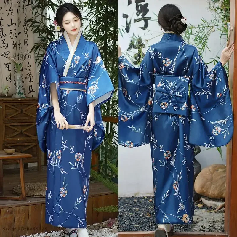 Japonia Kimono suknia wydajność przebranie na karnawał kobiety Vintage niebieskie kimona w stylu azjatyckim seksowna Yukata z Obi drukowane sukienki gejszy