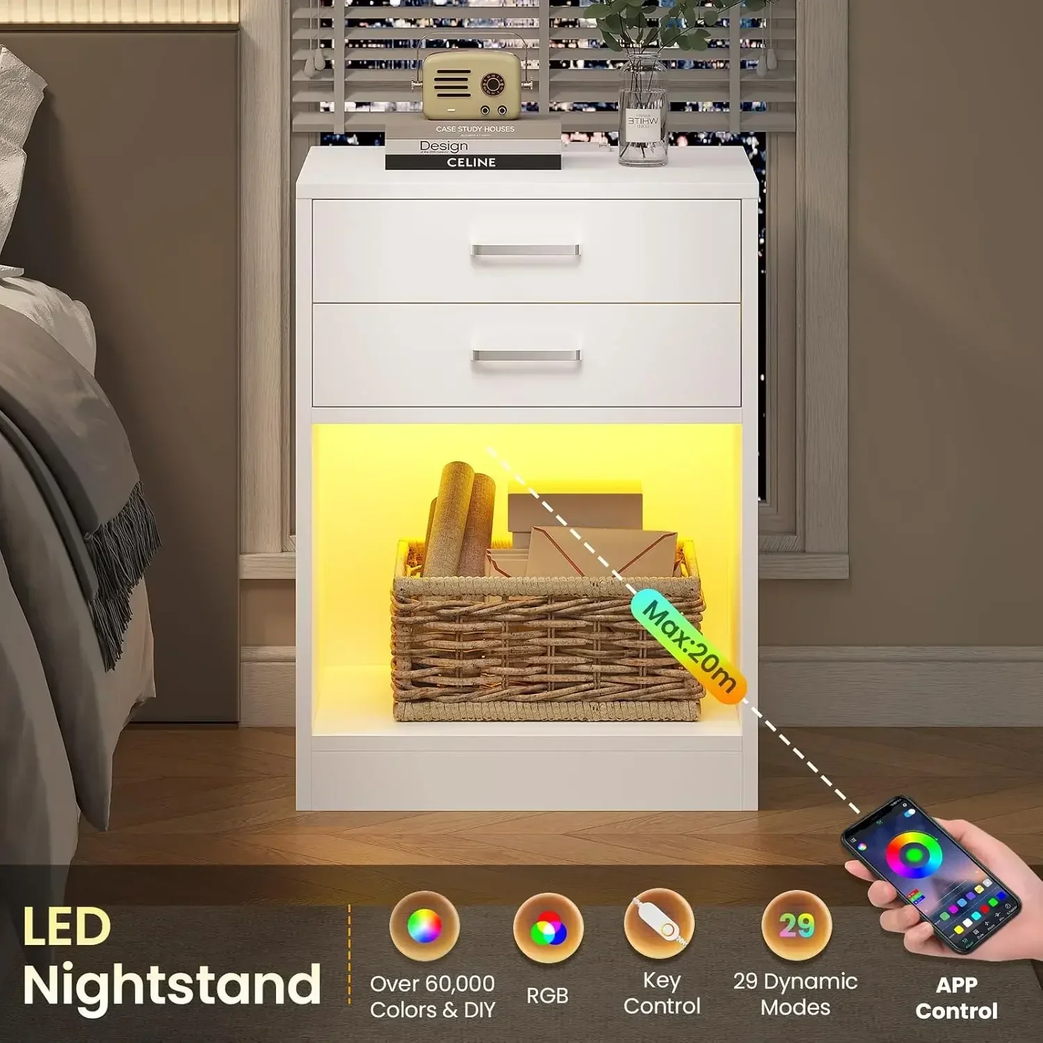 LED Nightstands Set of 2,Night Stands for Bedrooms Set of 2,Nightstand with Charging Station and LED Lights,White Bedside Table