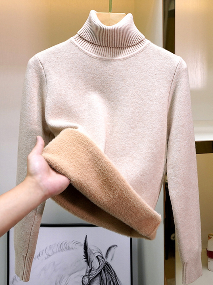 Suéter para mujer, Jersey de punto ajustado con cuello alto grueso de invierno, nuevo Jersey de punto forrado de terciopelo de felpa cálido, Tops informales, Poleras