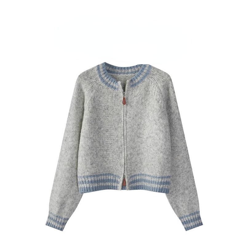 Sweter lengan panjang kerah berdiri wanita bergaris warna kontras kasual Preppy musim gugur pullover manis Chic Fashion jumper