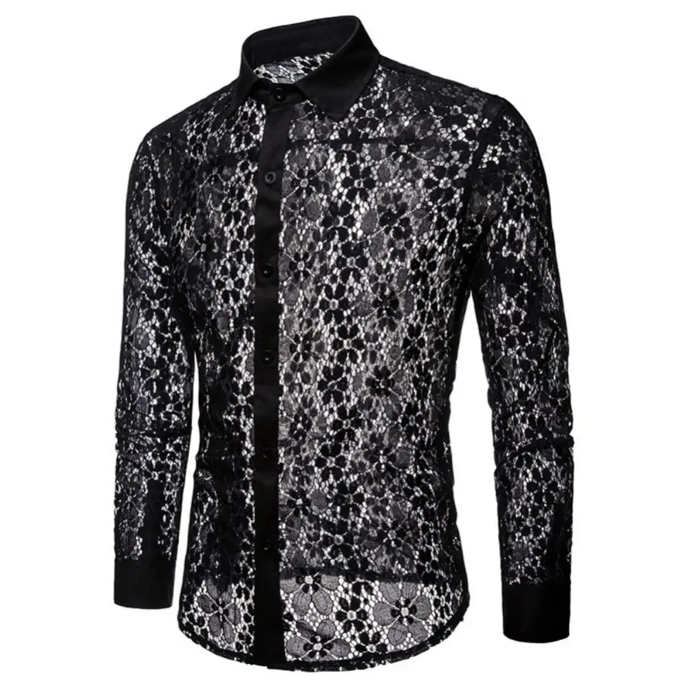 Camisas de algodón con cuello vuelto para hombre, camisa de manga larga con botones, Color sólido, encaje Sexy transparente, ropa para discoteca