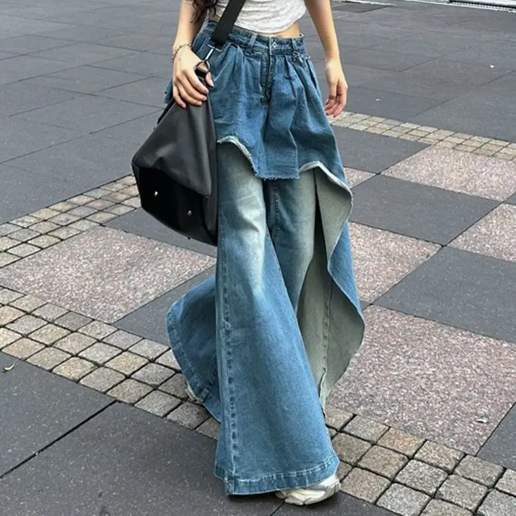 少し太ったスパイスガールデザインセンス不規則なスプライシングジーンズ女性 2024 秋と冬の新しい偽ツーピース薄いフレアパンツ