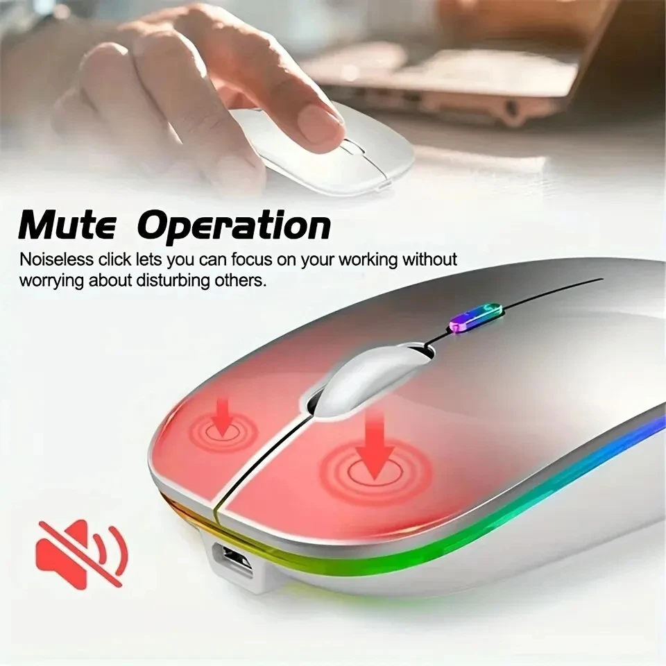 Ratón inalámbrico para videojuegos, retroiluminación, Compatible con USB, recargable, RGB, silencioso, ergonómico, retroiluminado, para ordenador portátil y PC