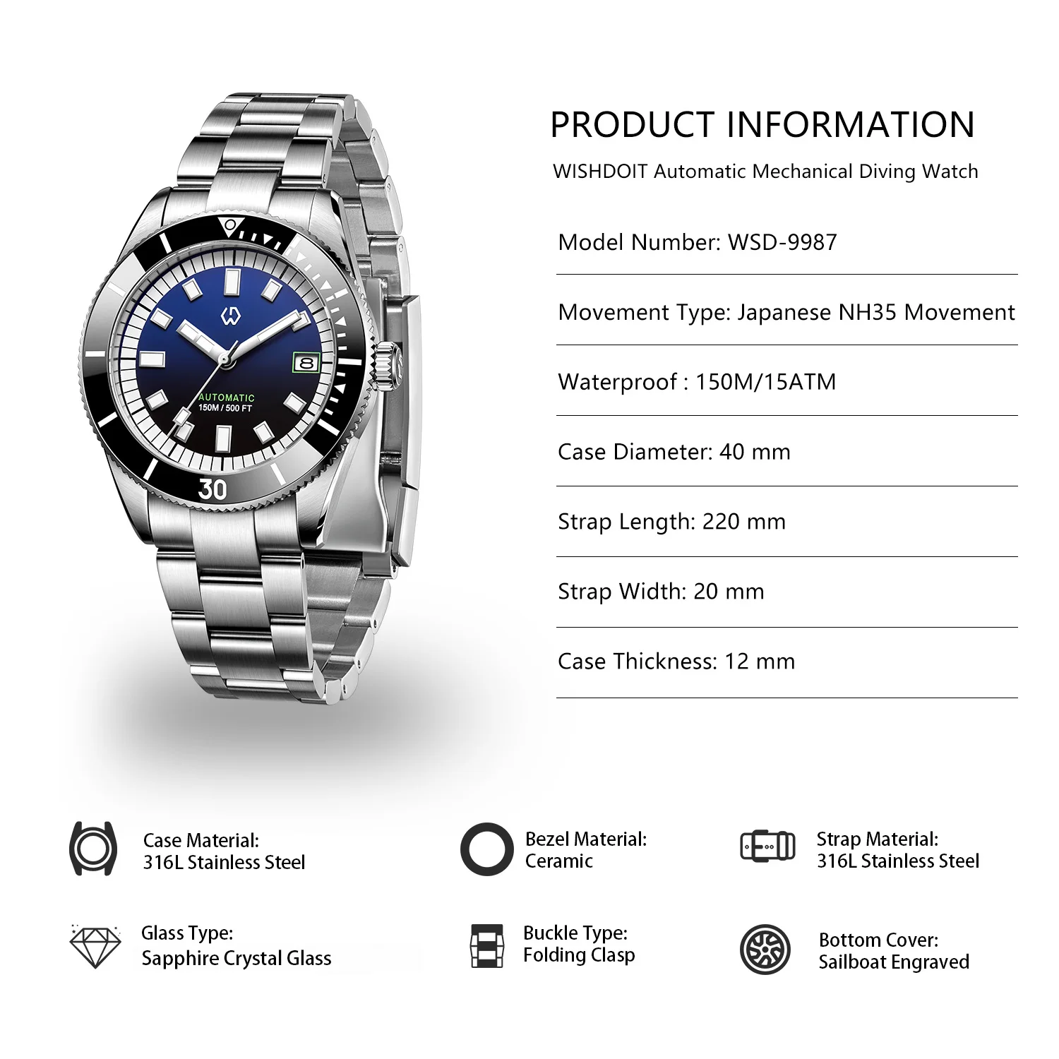 Nuevo reloj automático para hombre Reloj mecánico con bisel superluminoso para hombre Japón NH35 Buceo a prueba de agua hasta 150 metros
