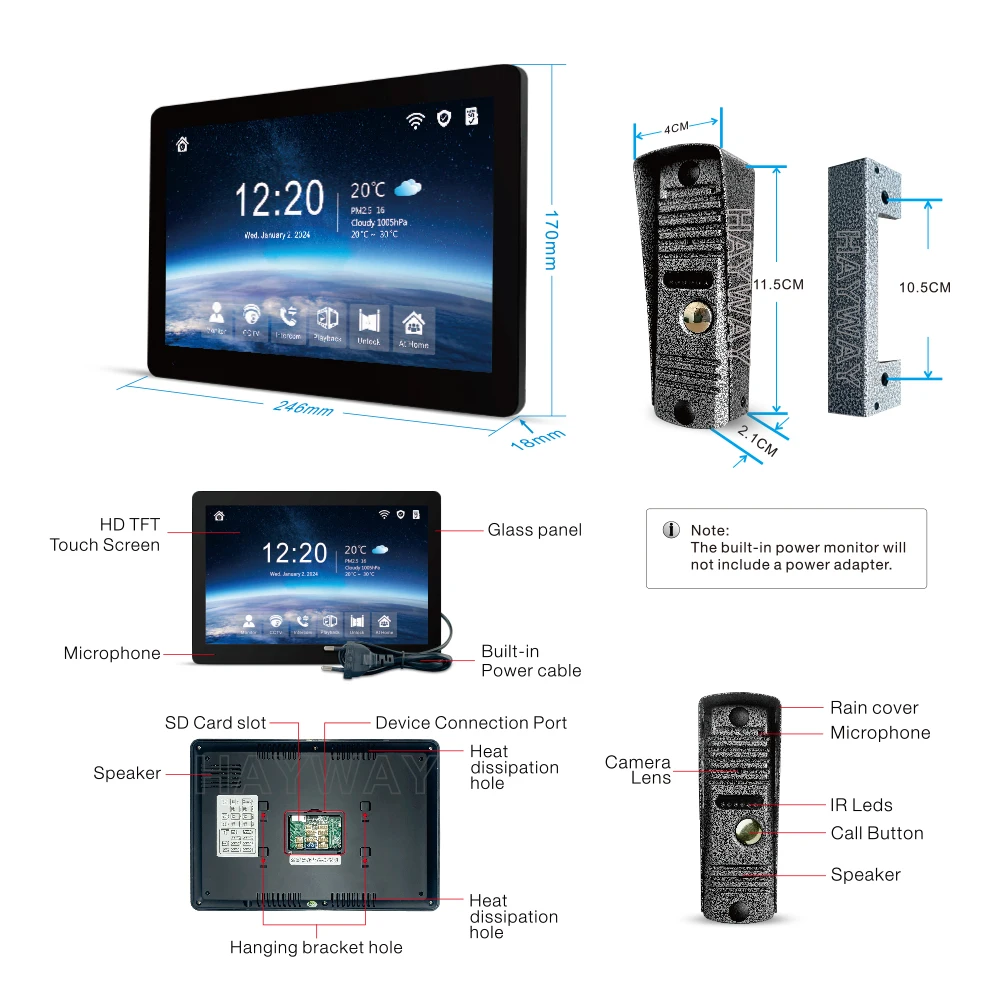 Hayway tuya kit de intercomunicação de vídeo sem fio 10 "ips tela de toque completa câmera 1080p com suporte de detecção móvel desbloqueio de uma tecla