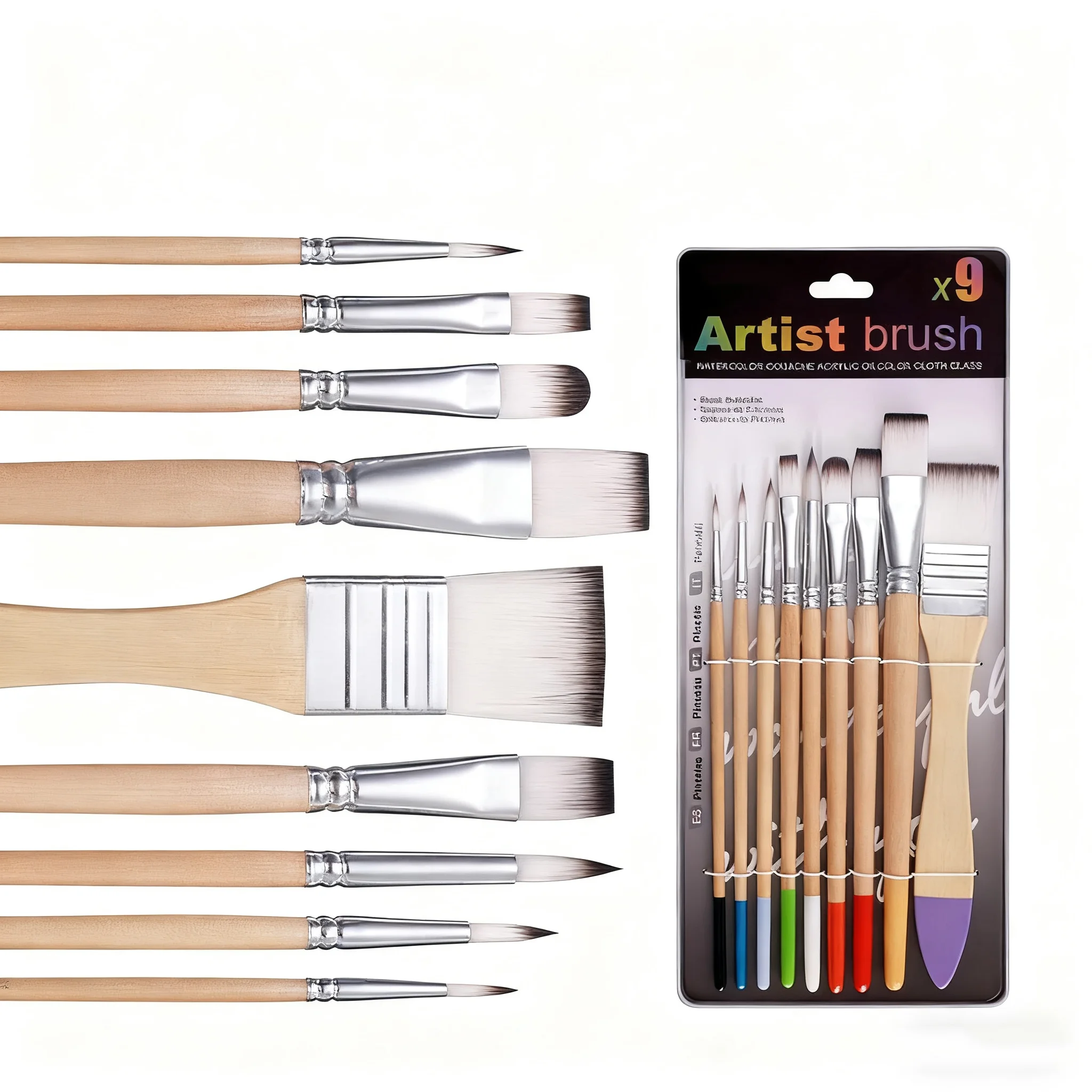 ชุดแปรงสำหรับผู้เริ่มต้น - 9 ชิ้น ขนไนลอน สำหรับสีน้ำ สีอะคริลิก สีน้ำมัน บนผ้าใบ อุปกรณ์วาดภาพสำหรับศิลปิน