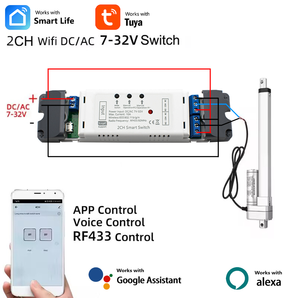 Controlador de Motor de actuador lineal eléctrico Tuya Smart Wifi, interruptor de 2 canales DC AC 12V 24V 32V, control remoto RF433, relé de módulo de pulso de 2 canales