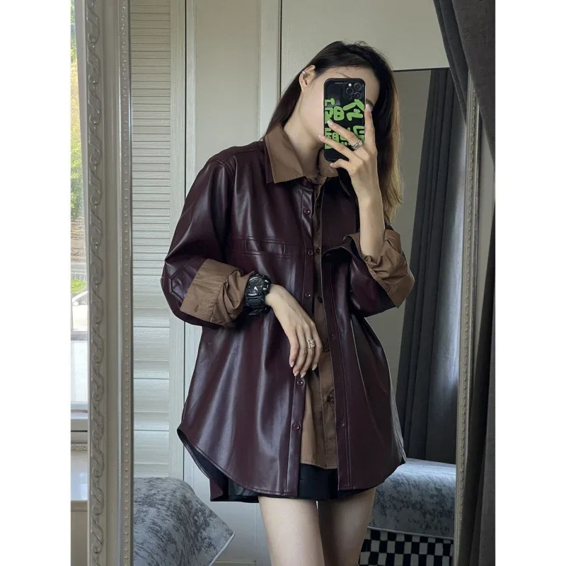 TFETTERS-chaqueta de cuero Morado uva para mujer, abrigo Vintage de Color liso, a la moda, novedad de otoño e invierno, 2024