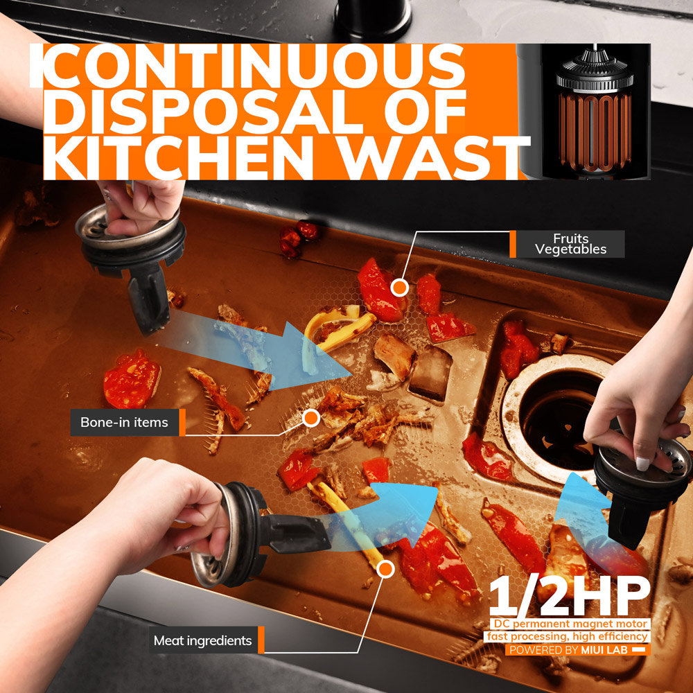 MIUI Eliminación de basura de alimentación continua con reducción de sonido, triturador de residuos de alimentos de 1/2 HP con sistema de molienda de acero inoxidable