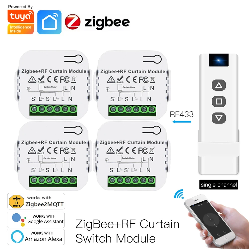 Módulo de interruptor de cortina Tuya ZigBee, Motor de persiana enrollable, Control remoto RF433, aplicación Smart Life, compatible con 2MQTT, Google Home, Alexa