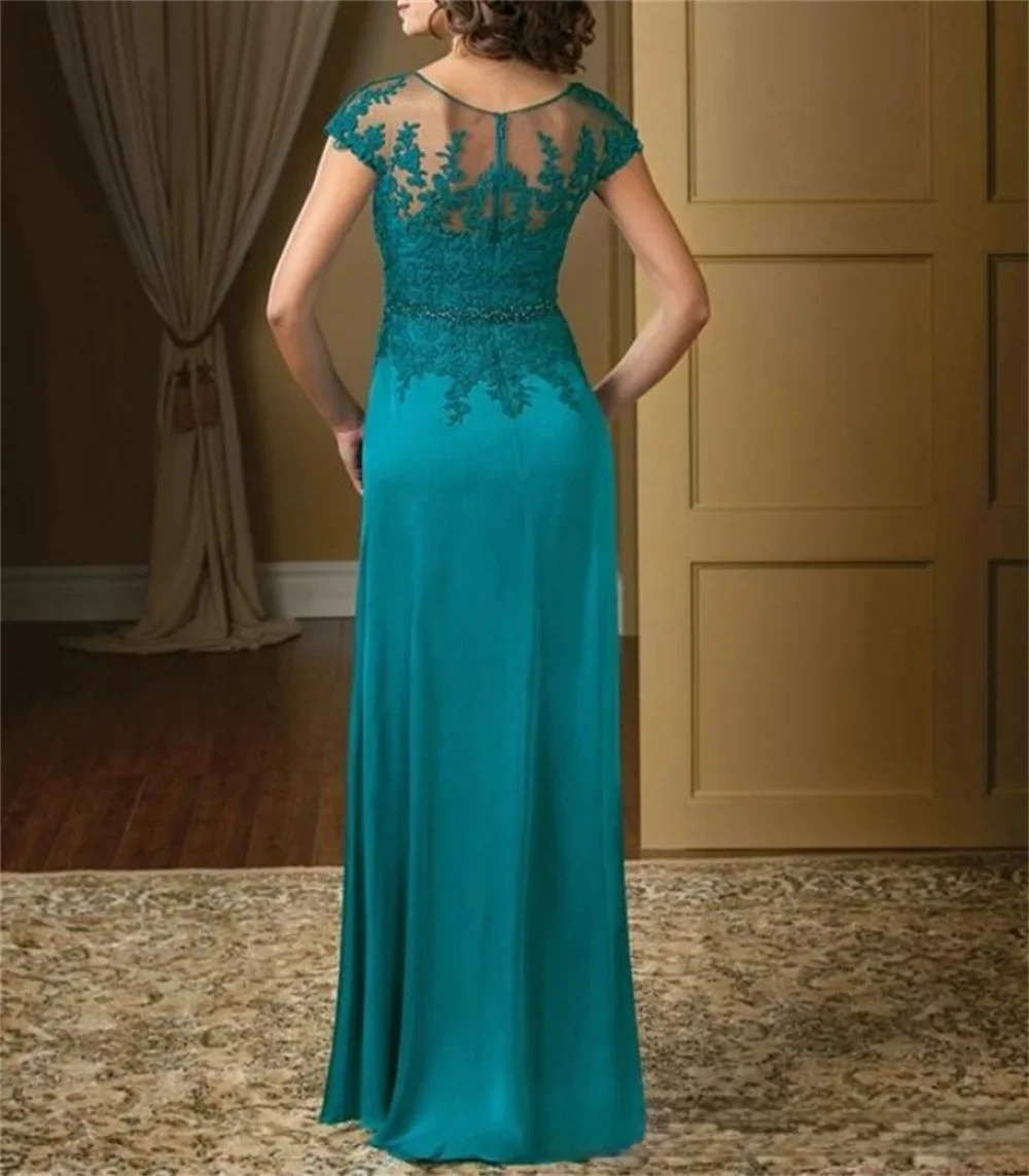 A-Line Lace Floor-Length Mother Of The Bride Dress Elegant 2022 Plus Sizes Turquoise Appliques Chiffon Short Sleeve Ruffles Belt