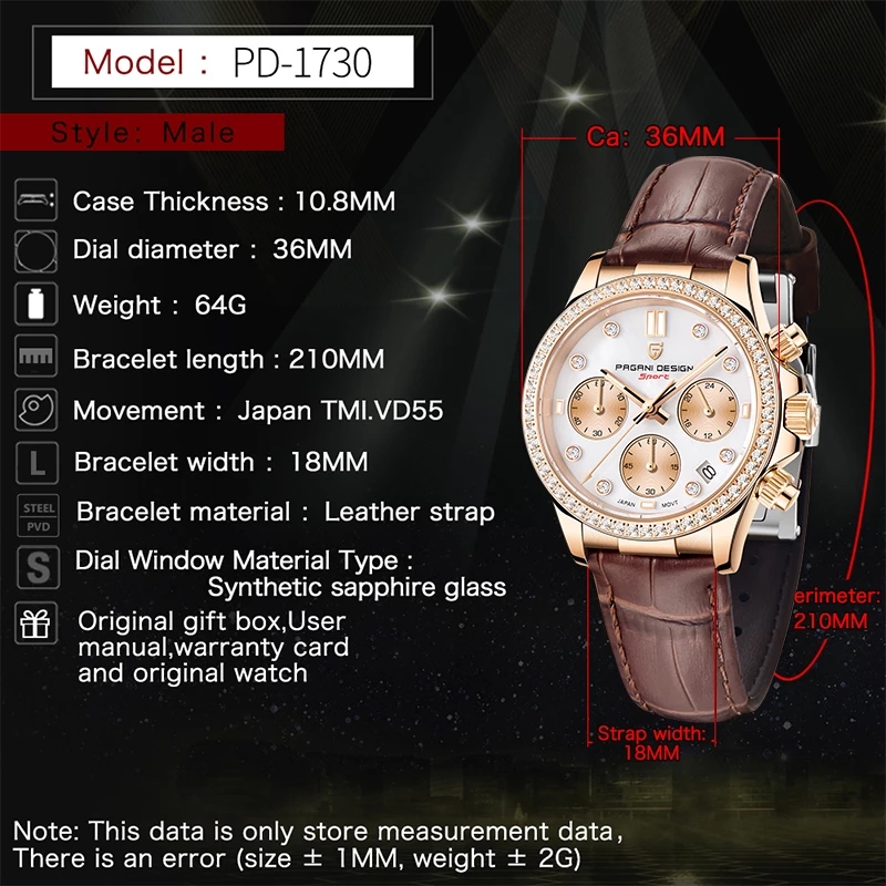 PAGANI DESIGN Damen-Automatik-Quarzuhr, luxuriös, Saphirglas, Leder, wasserdichte Uhr, multifunktionales Chronometer für Damen