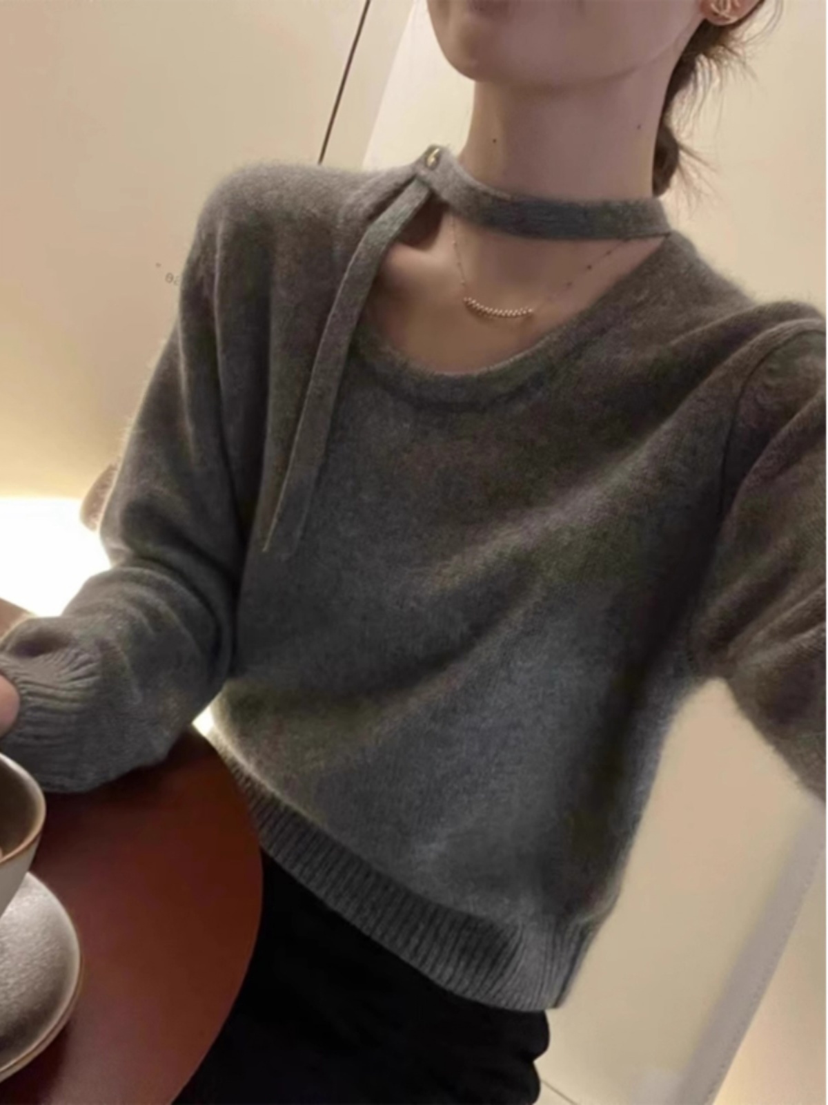 グレーニットセーター女性の春秋チョーカーサッシュファッションインナーウェアベーストップトレンディシャツハーフハイカラー長袖