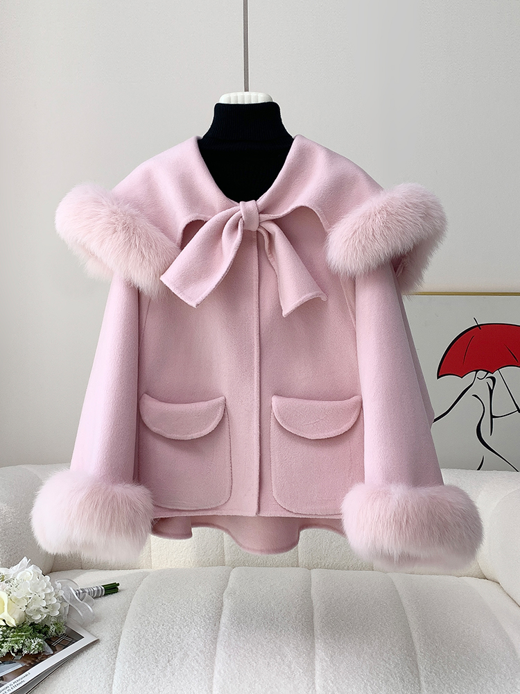 Bow 2024 herfst en winter plus pluche verdikte korte dubbelzijdige wollen jas voor dames