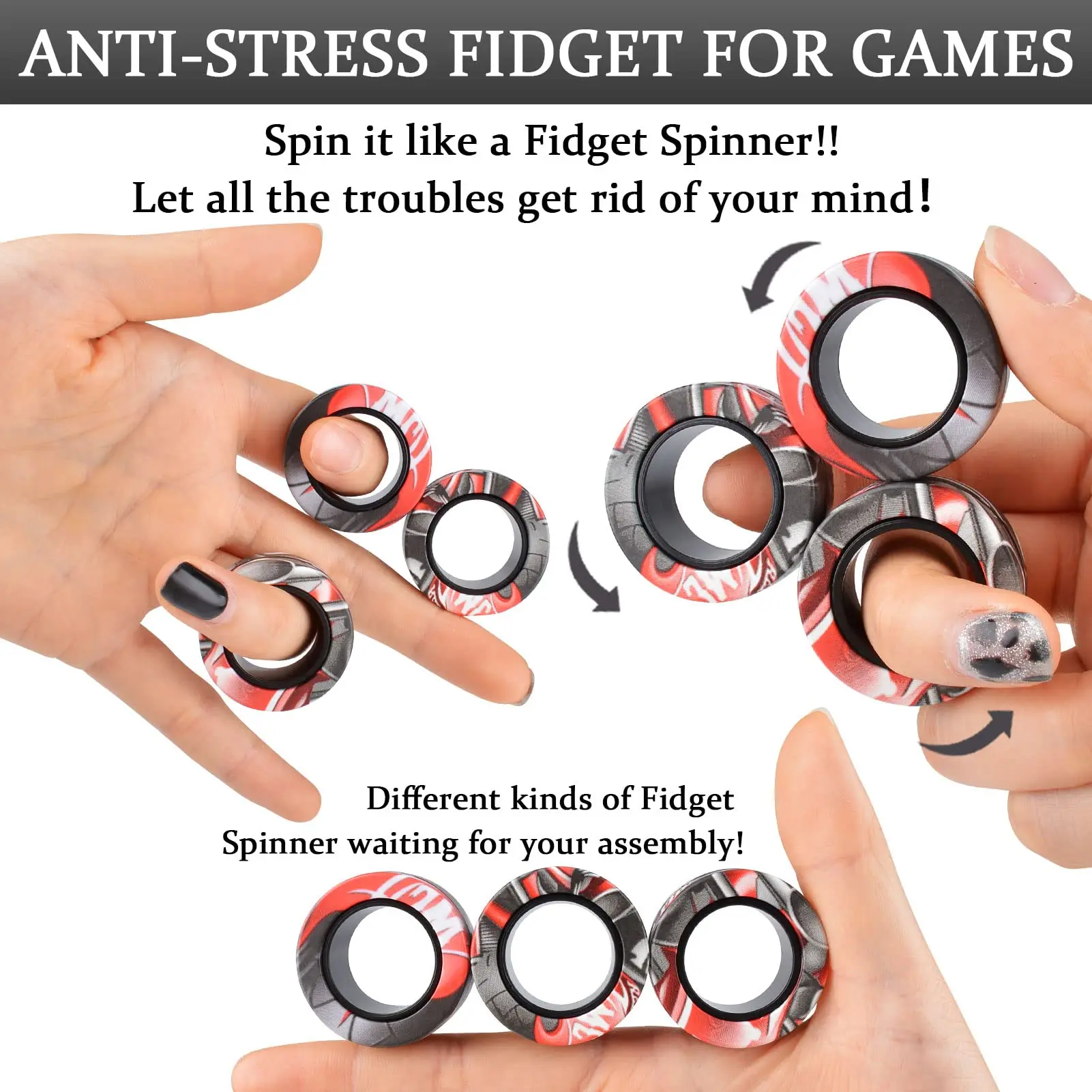 3 ชิ้น Fidget Spinner แหวนแม่เหล็กของเล่นนิ้วมือแหวนแม่เหล็ก ADHD ความเครียดบรรเทา Magical ของเล่นสําหรับเด็กผู้ใหญ่ความวิตกกังวล