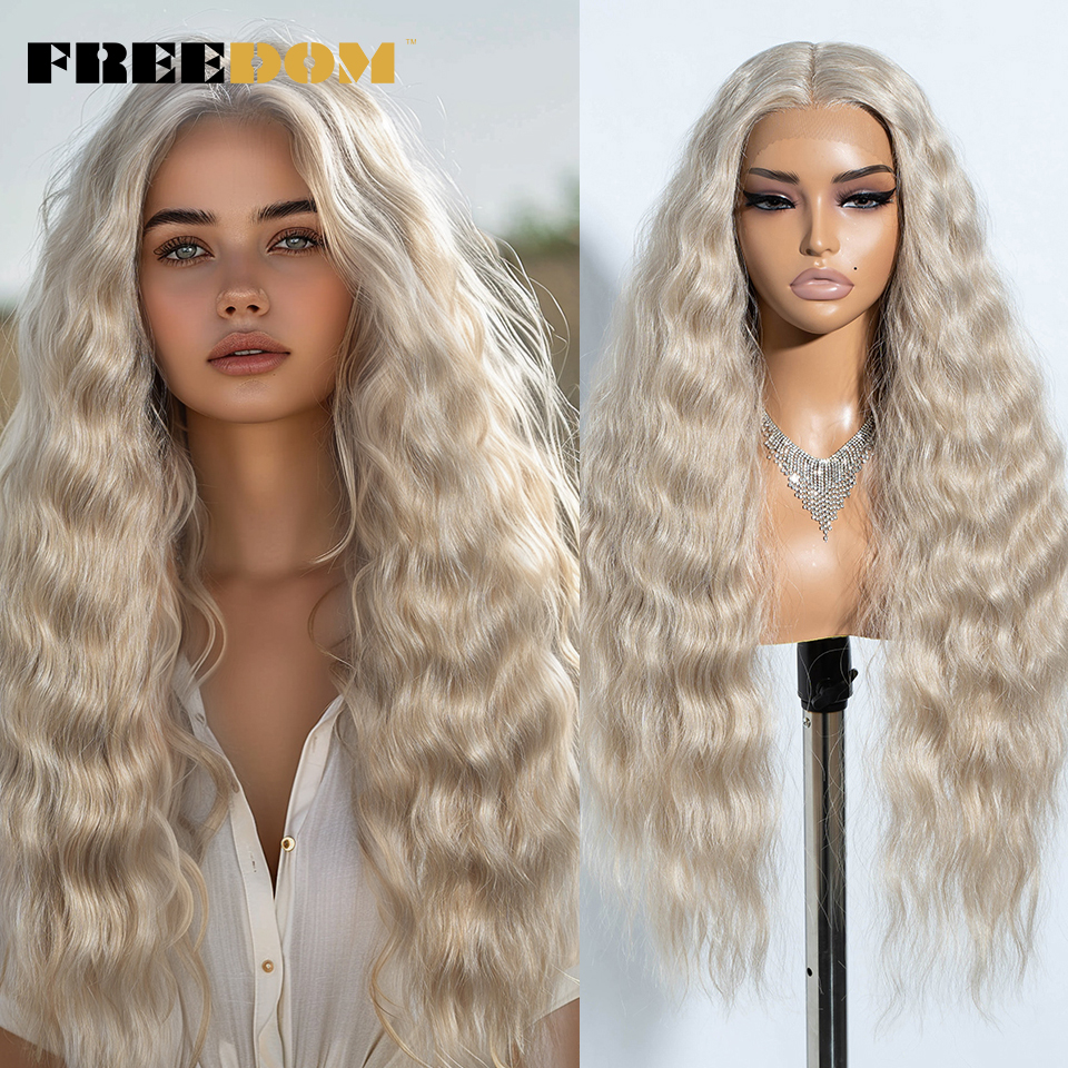 Pelucas delanteras de encaje sintético rizado FREEDOM para mujer, 30 pulgadas, suave, ondulado, Rubio degradado, resaltado de jengibre, pelucas de Cosplay resistentes al calor